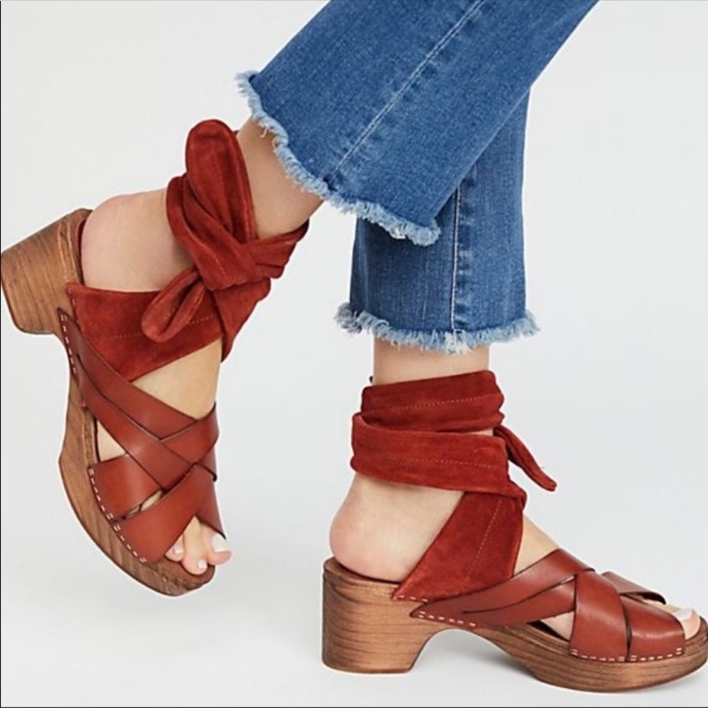 Free People Emmy Wrap Clog 40 Rust Orange Leather Suede Wood Platform Sandals